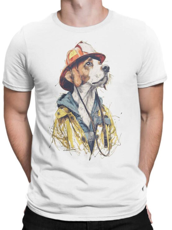 Unisex shirt on male torso with firefighter dog illustration