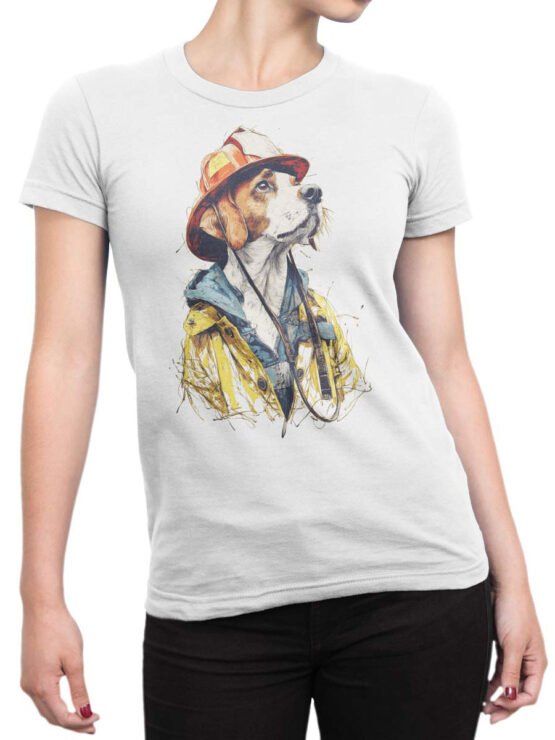 Unisex shirt on female torso showing firefighter dog artwork