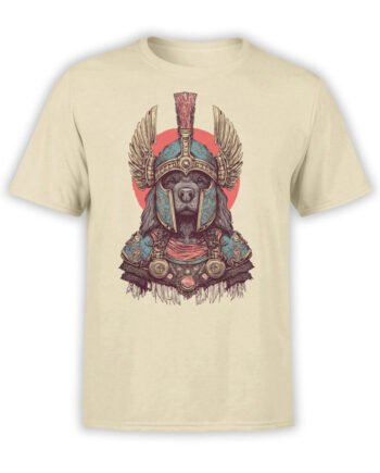 T-shirt featuring Roman-style armored dog on beige fabric