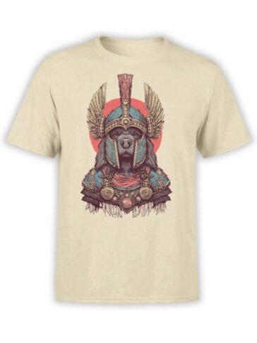T-shirt featuring Roman-style armored dog on beige fabric