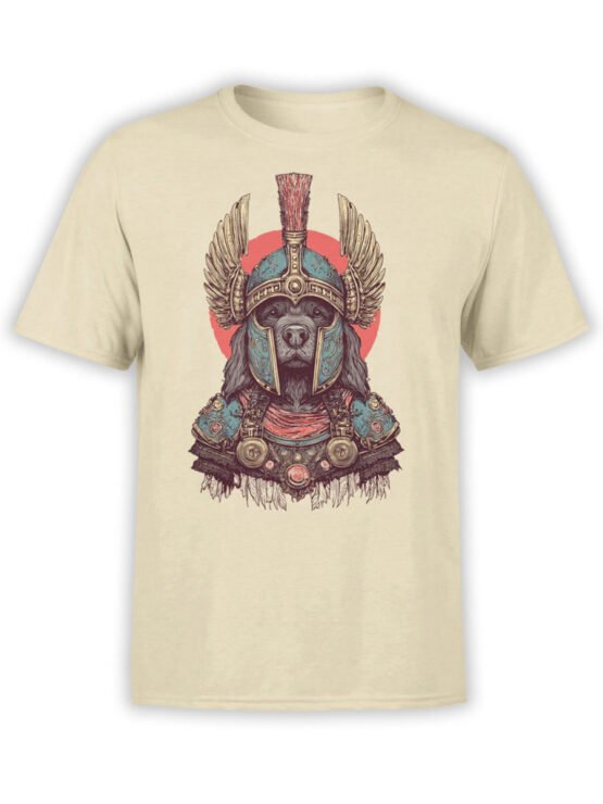 T-shirt featuring Roman-style armored dog on beige fabric