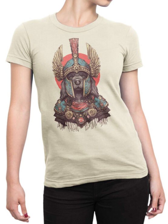 Unisex shirt on female torso showcasing warrior dog design