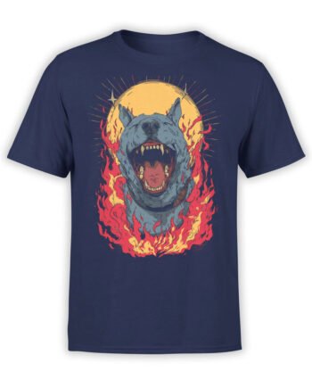 T-shirt featuring fierce flaming hound head on navy fabric