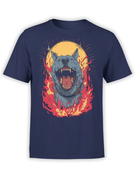 T-shirt featuring fierce flaming hound head on navy fabric