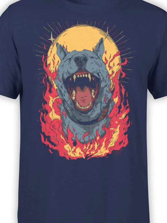 Close-up of fiery growling dog artwork with sun backdrop