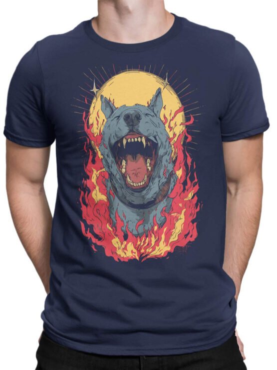 Unisex shirt on male torso showing Inferno Hound design
