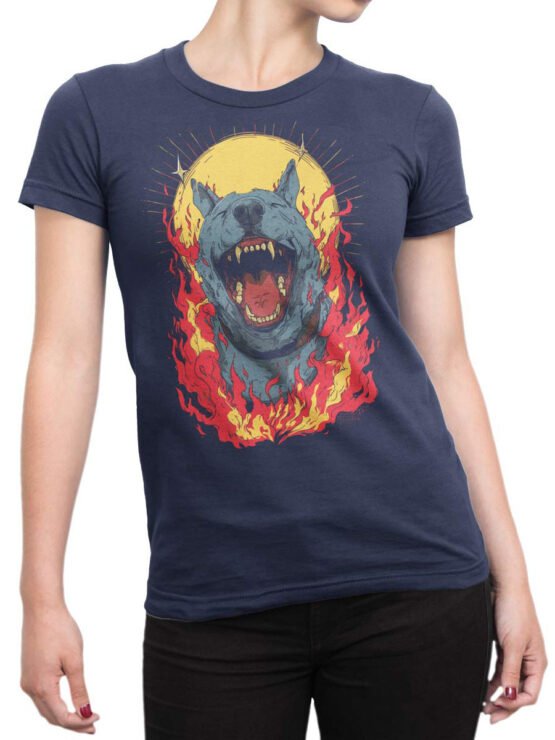 Unisex shirt on female torso featuring flaming dog graphic