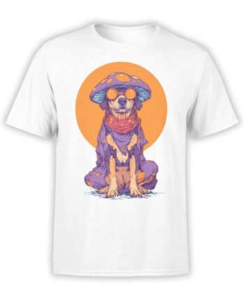 T-shirt featuring psychedelic dog in mushroom hat on white fabric