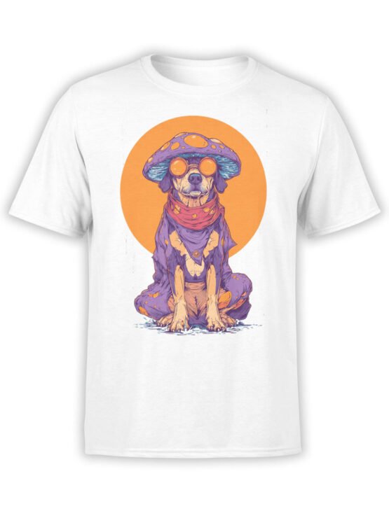 T-shirt featuring psychedelic dog in mushroom hat on white fabric
