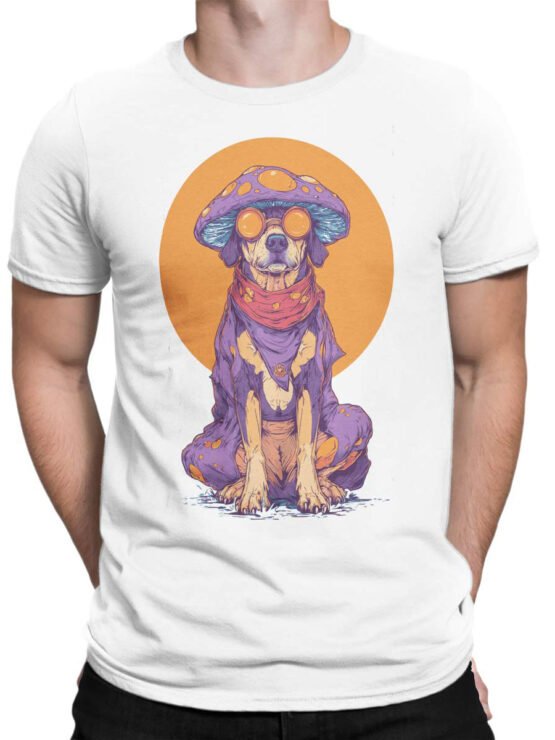 Unisex shirt on male torso with Shroom Pup psychedelic artwork