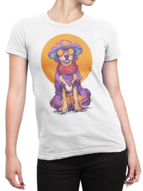 Unisex shirt on female torso showing colorful mushroom dog graphic