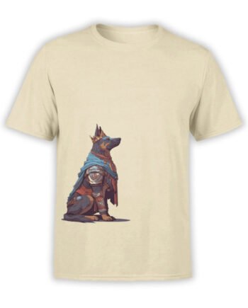 T-shirt featuring regal dog in medieval crown and cape on beige fabric