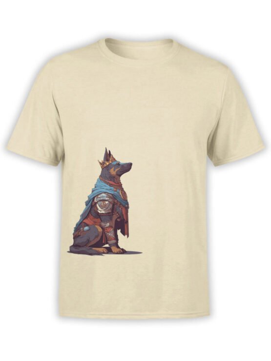 T-shirt featuring regal dog in medieval crown and cape on beige fabric