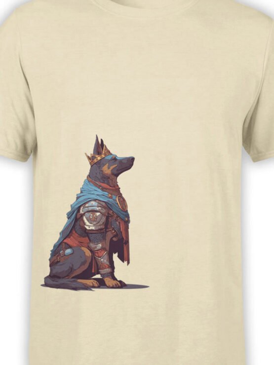 Close-up of majestic armored dog with crown and blue cape