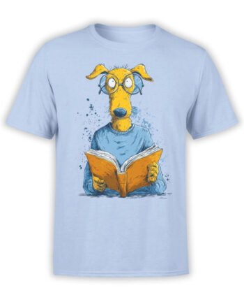 T-shirt featuring quirky reading dog with glasses on light blue fabric
