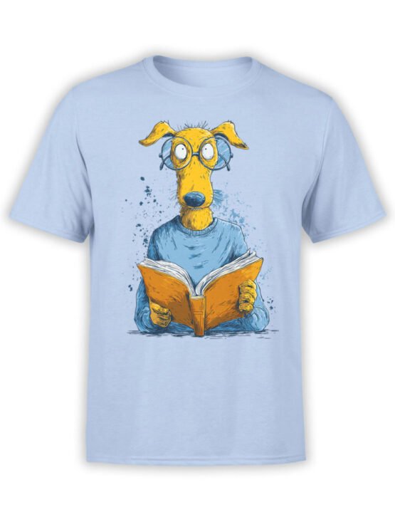 T-shirt featuring quirky reading dog with glasses on light blue fabric