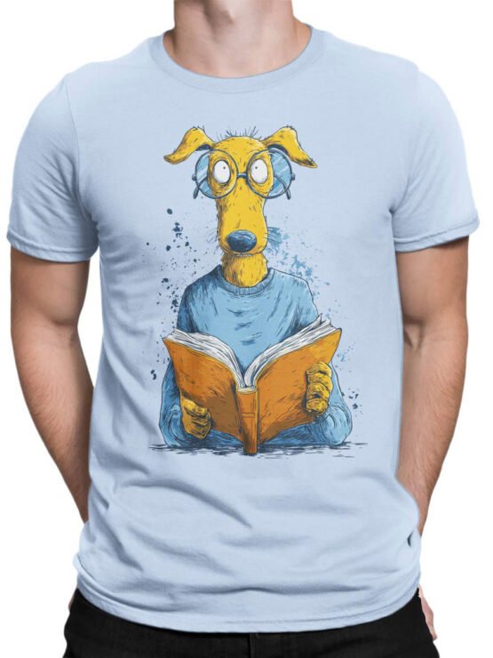 Unisex shirt on male torso with funny bookish dog artwork