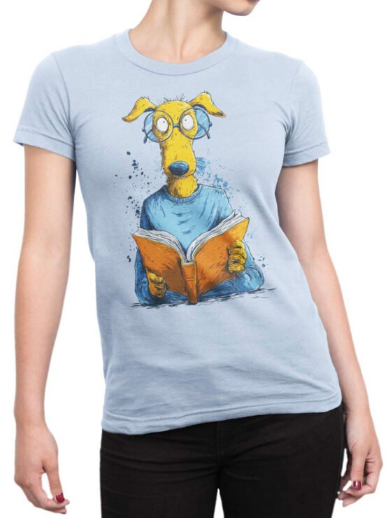 Unisex shirt on female torso showcasing smart reading dog design