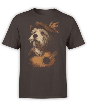 T-shirt featuring bard dog with feathered hat and guitar on brown fabric