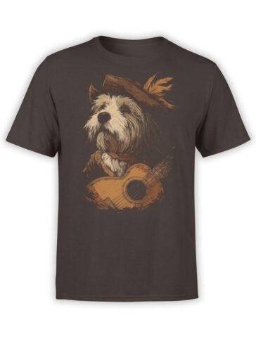 T-shirt featuring bard dog with feathered hat and guitar on brown fabric
