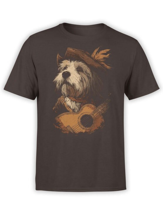 T-shirt featuring bard dog with feathered hat and guitar on brown fabric