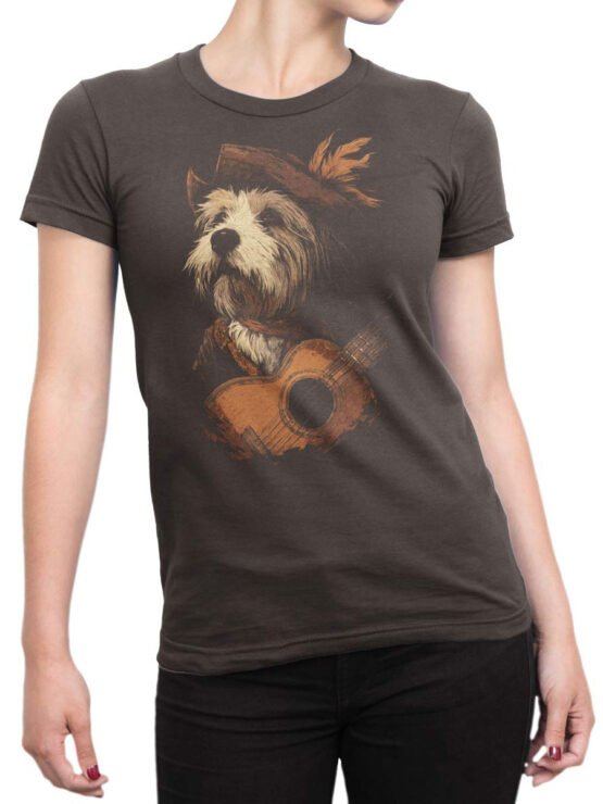 Unisex shirt on female torso with whimsical dog musician artwork