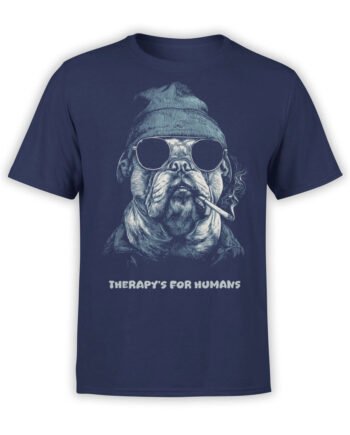 T-shirt featuring cool bulldog in shades and beanie on navy fabric