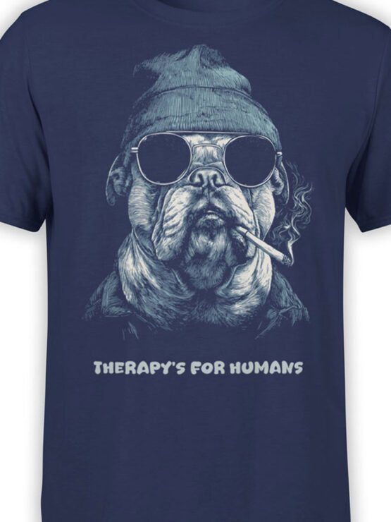 Close-up of smoking bulldog with sarcastic “Therapy’s for Humans” slogan