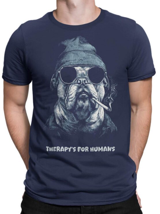 Unisex shirt on male torso with Chill Bulldog attitude design