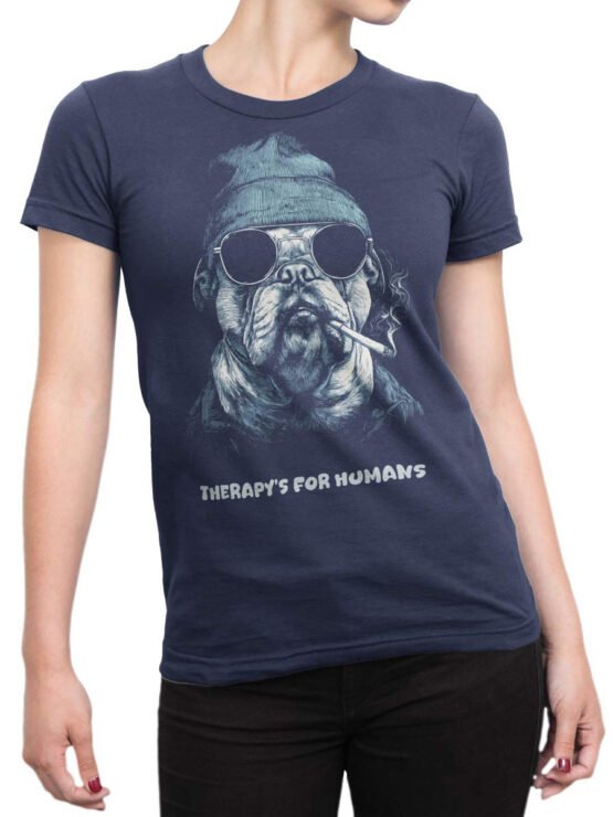 Unisex shirt on female torso featuring funny bulldog artwork