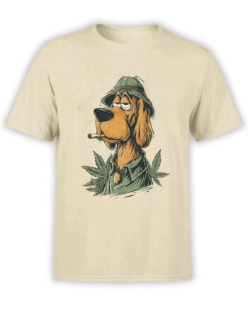T-shirt featuring laid-back dog smoking joint with cannabis leaves