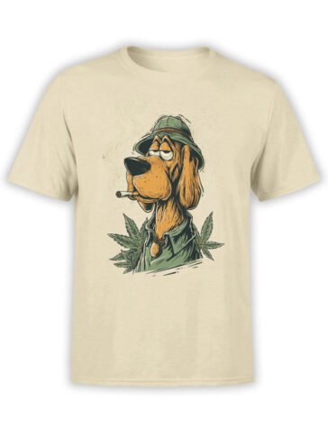 T-shirt featuring laid-back dog smoking joint with cannabis leaves