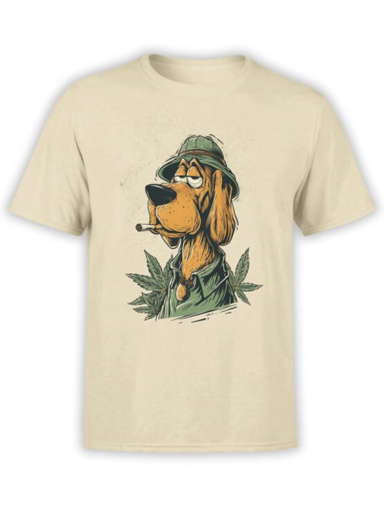 T-shirt featuring laid-back dog smoking joint with cannabis leaves