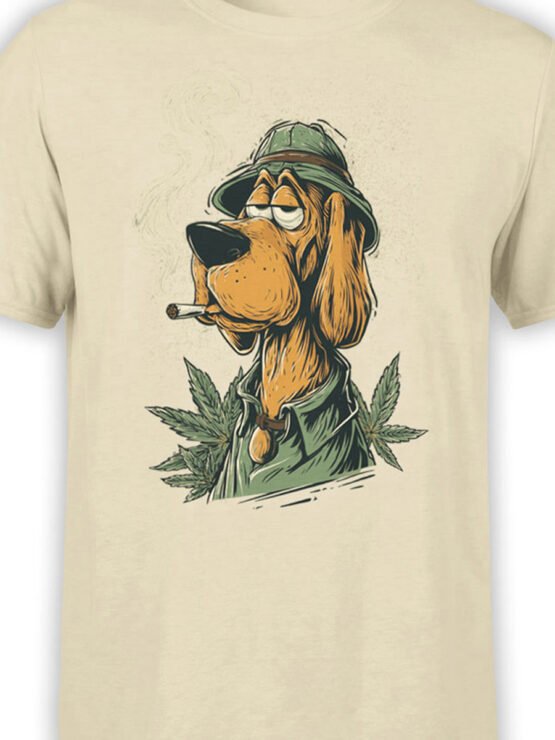 Close-up of chill hound design with bucket hat and joint