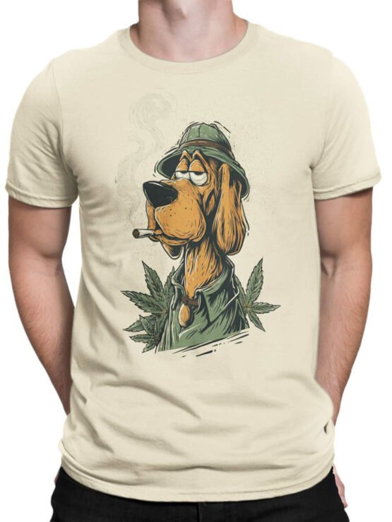 Unisex shirt on male torso showing High Hound cannabis artwork