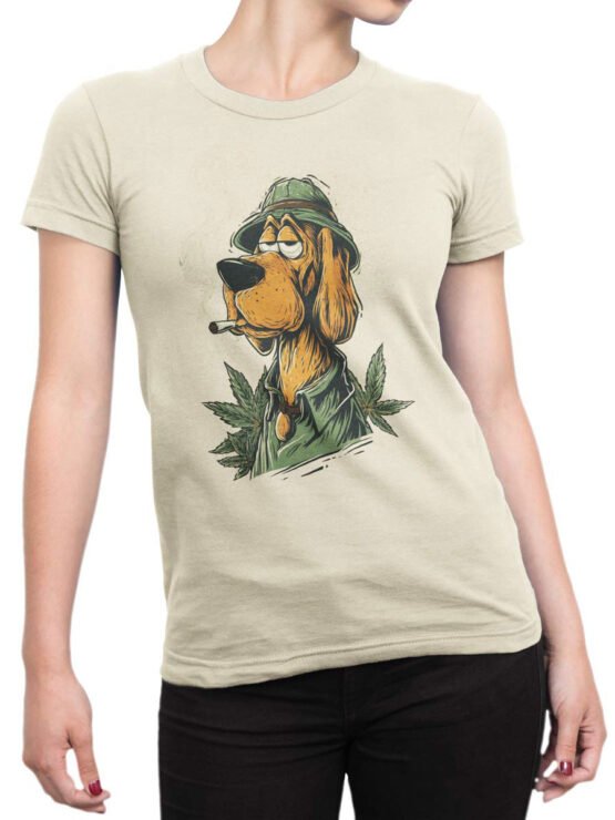 Unisex shirt on female torso featuring relaxed stoner dog design