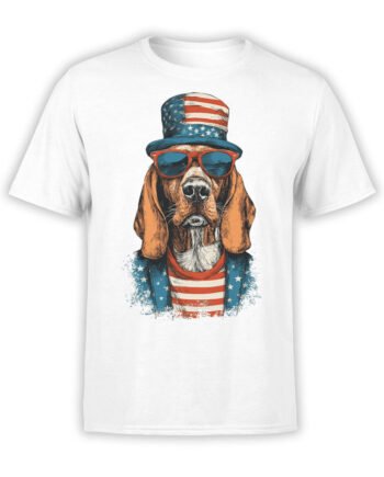 T-shirt featuring patriotic dog in stars and stripes on white fabric