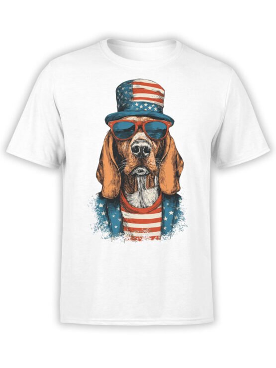 T-shirt featuring patriotic dog in stars and stripes on white fabric