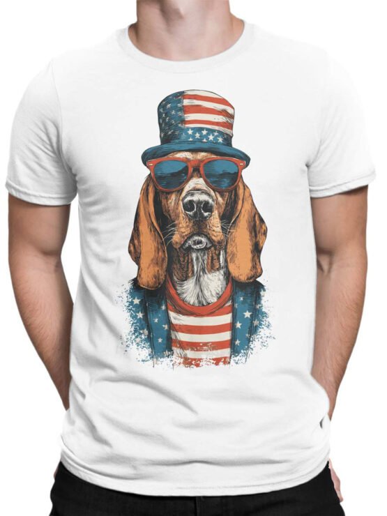 Unisex shirt on male torso with funny patriotic dog artwork