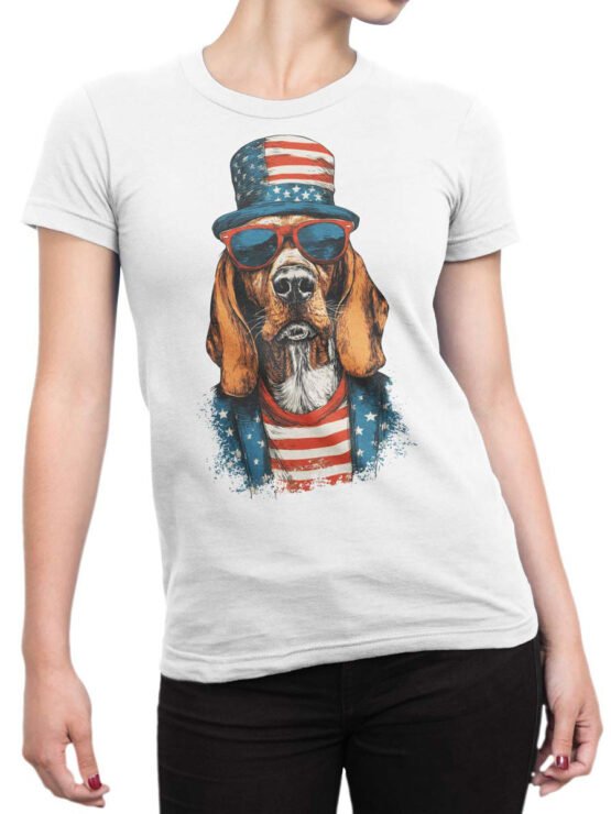 Unisex shirt on female torso showing bold USA dog design