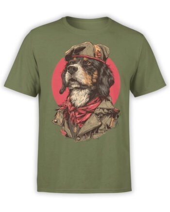 T-shirt featuring parody revolutionary dog design on green fabric