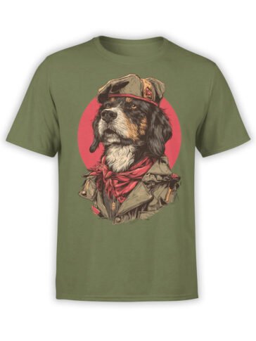 T-shirt featuring parody revolutionary dog design on green fabric