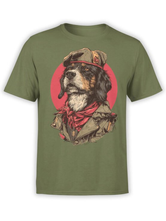 T-shirt featuring parody revolutionary dog design on green fabric