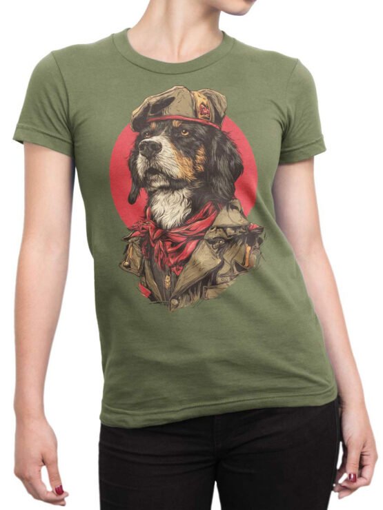 Unisex shirt on female torso showing funny rebel dog artwork
