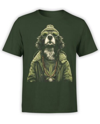 T-shirt featuring reggae-inspired dog with beanie and shades on green fabric