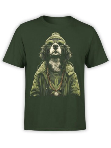 T-shirt featuring reggae-inspired dog with beanie and shades on green fabric