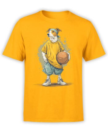 T-shirt featuring cool basketball dog in sneakers on yellow fabric