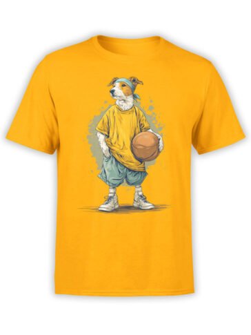 T-shirt featuring cool basketball dog in sneakers on yellow fabric