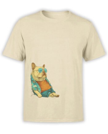 T-shirt featuring lazy bulldog in Hawaiian shirt and shades on beige fabric