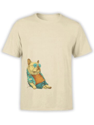 T-shirt featuring lazy bulldog in Hawaiian shirt and shades on beige fabric